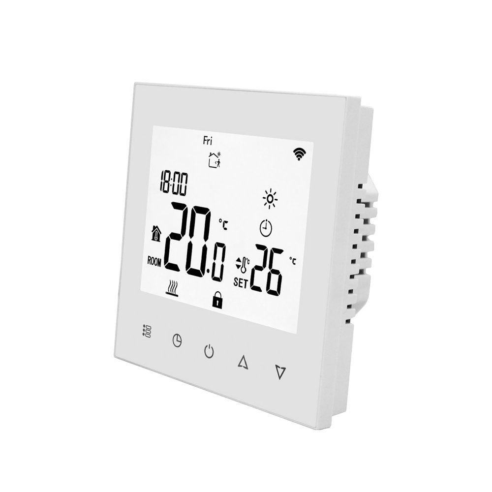 Thermostat d’ambiance WiFi Elektrobock PT740W-NP monté au mur dans un salon