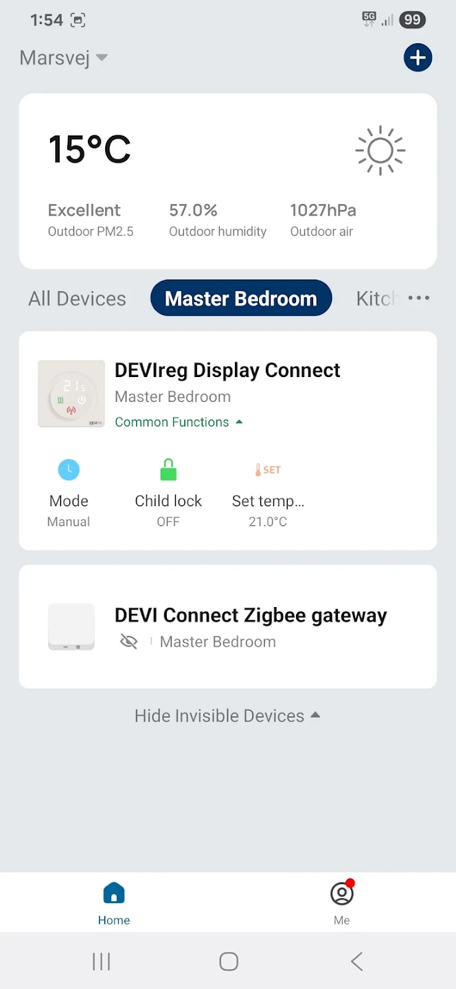 Aplikace DEVI Connect – obrazovka ovládání teplot
