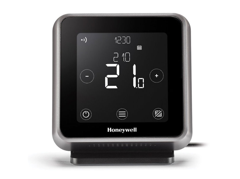 Bezdrátový termostat Honeywell Lyric T6R na stolním stojanu s napájecím kabelem