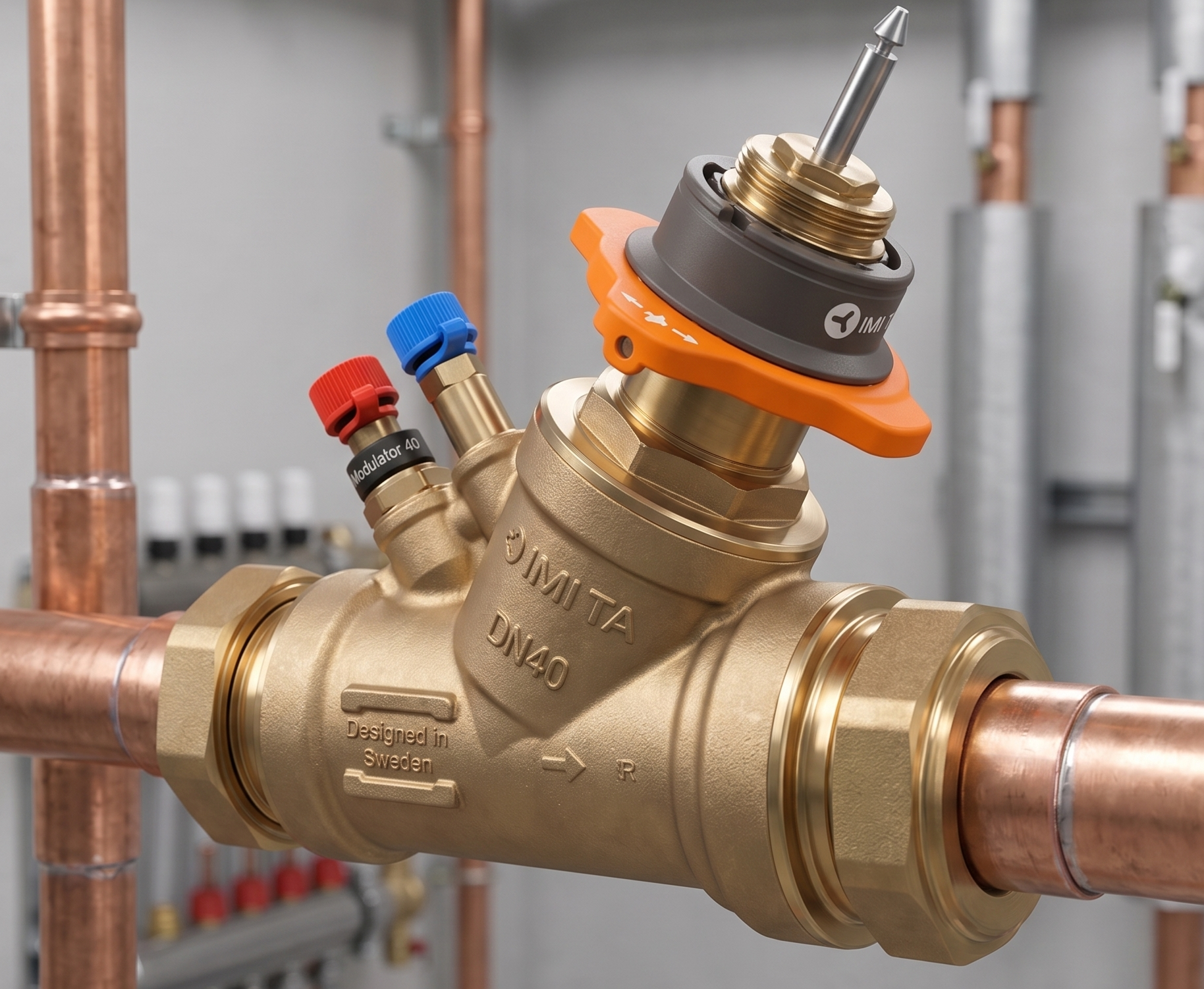 Vanne d’équilibrage et de régulation IMI TA TA-Modulator DN 40 installée sur une tuyauterie
